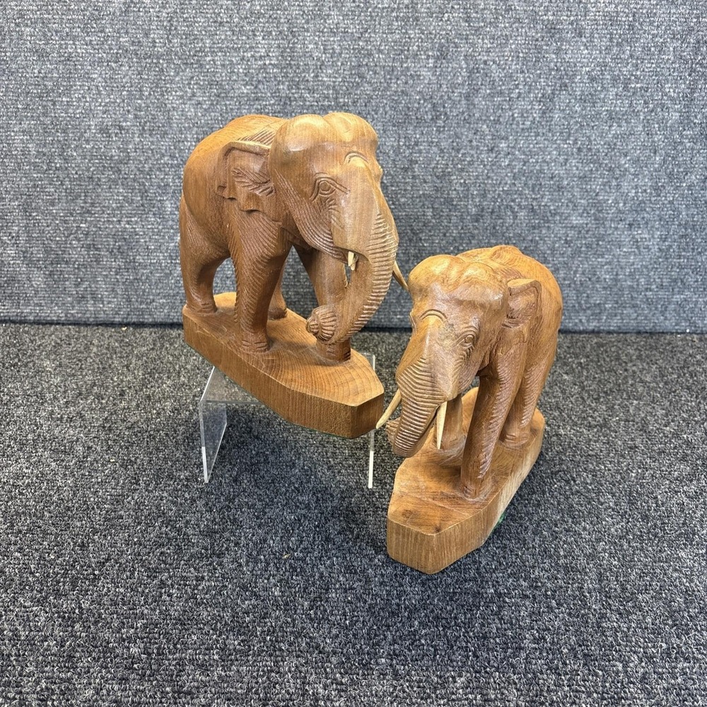 Vtg~Pair of African Solid Wood Hand Carved Elephants~Bookends/Shelf Decor~READ